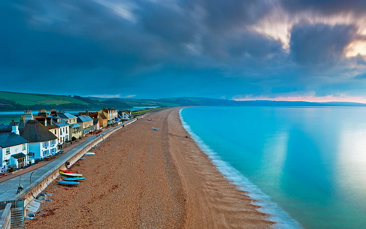 brown beach, nature, landscape, England, sea, sunset, town, boat, HD wallpaper