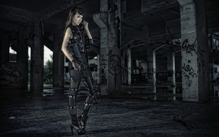 black M16 rifle, girl, weapons, background, architecture, built structure