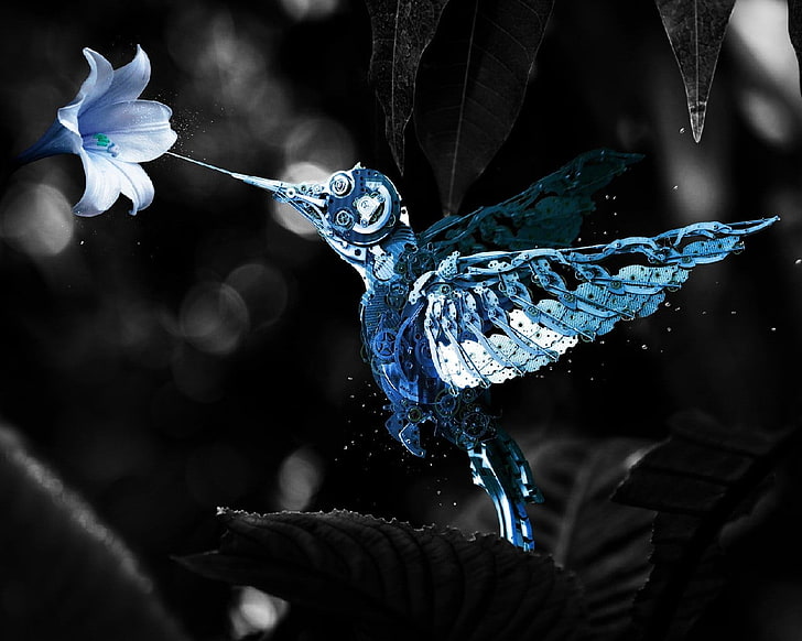 blue and white hummingbird figure, machine, digital art, selective coloring