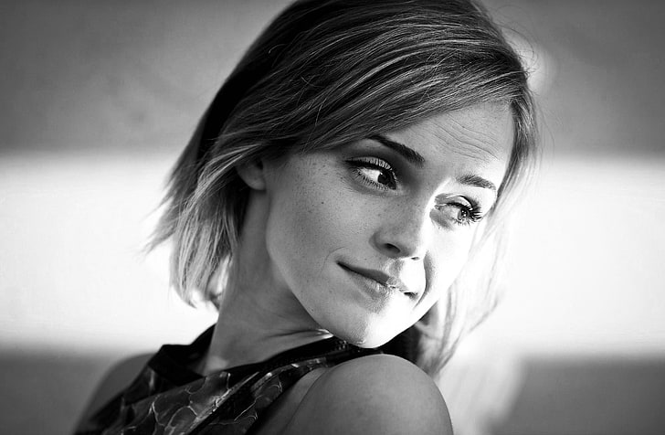 Emma Watson, monochrome, actress, face, looking away, women