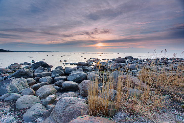 landscape photography of boulder rocks beside sea, Sunset beach, HD wallpaper