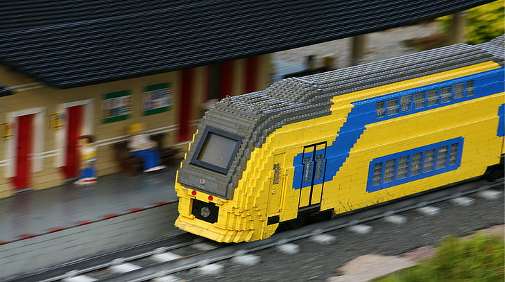 LEGO, toys, bricks, train, diesel locomotive, train station, HD wallpaper