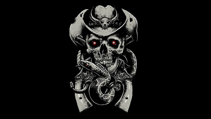 skull, fear, hat, guns, snake, background