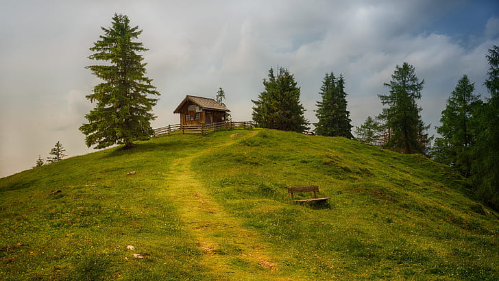 hillside, cottage, bench, grass, trees, hut, landscape, path, HD wallpaper