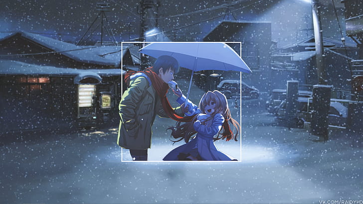 anime, anime girls, picture-in-picture, snow, anime boys, umbrella