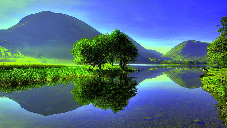 green tree, landscape, mountains, lake, clear sky, sky blue, reflection
