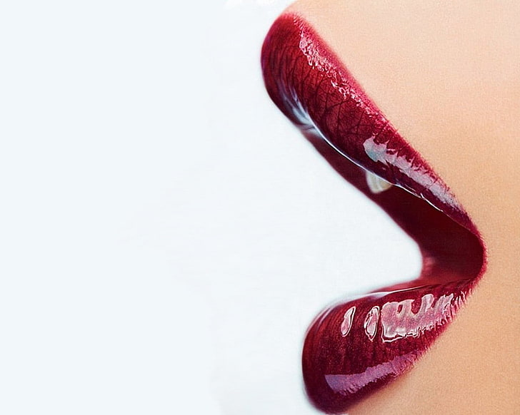 closeup photo of woman's lip with red lipstick, women, studio shot, HD wallpaper