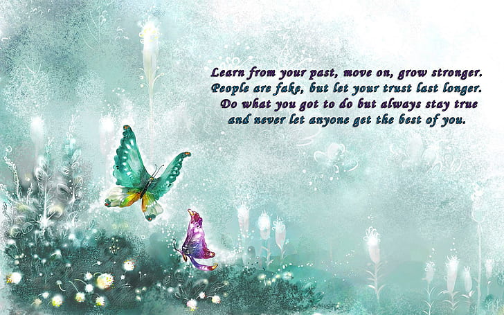 Moving On, inspirational, quote, purple, blue, past, butterfly, HD wallpaper