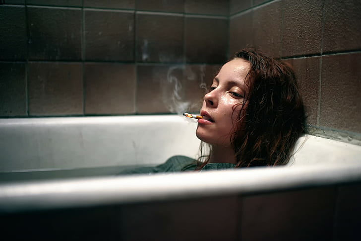 women, smoking, bathtub