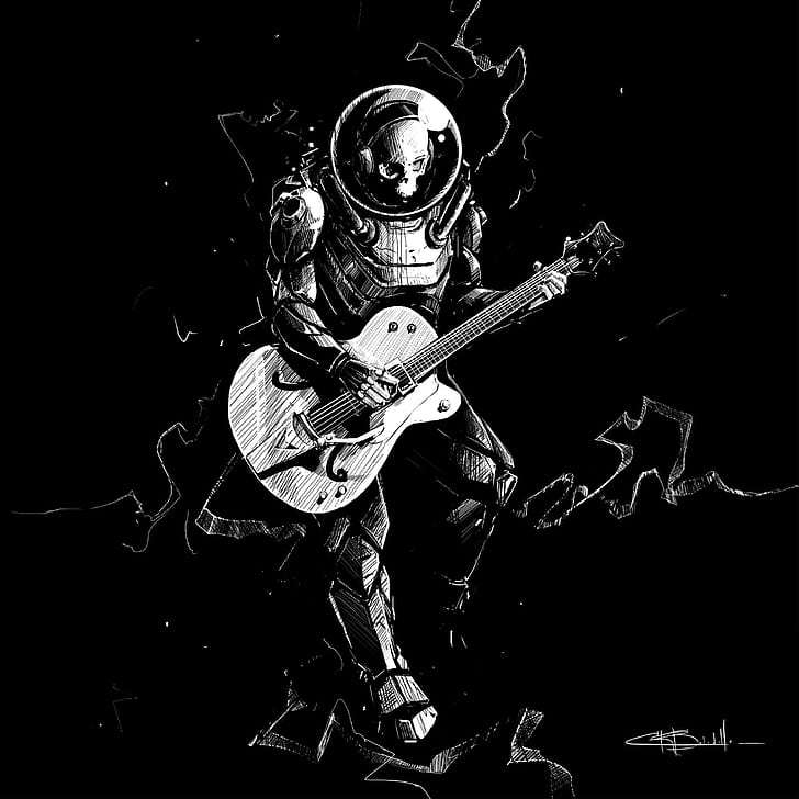 skeleton, guitar, bw, guitarist, spacesuit, art
