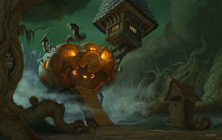 pumpkin horror house illustration, forest, tree, owl, swamp, art