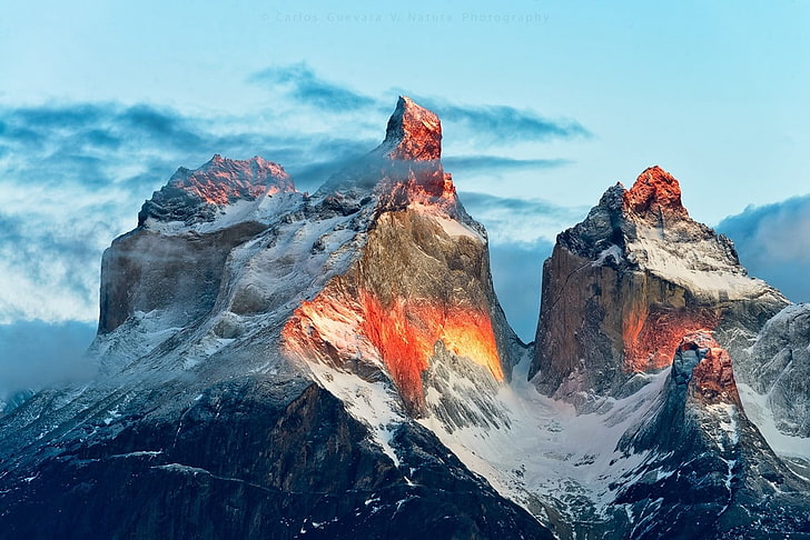 brown mountain, nature, landscape, mountains, snowy peak, summit, HD wallpaper