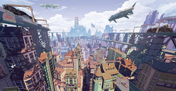 city buildings and plane digital artwork, science fiction, building exterior