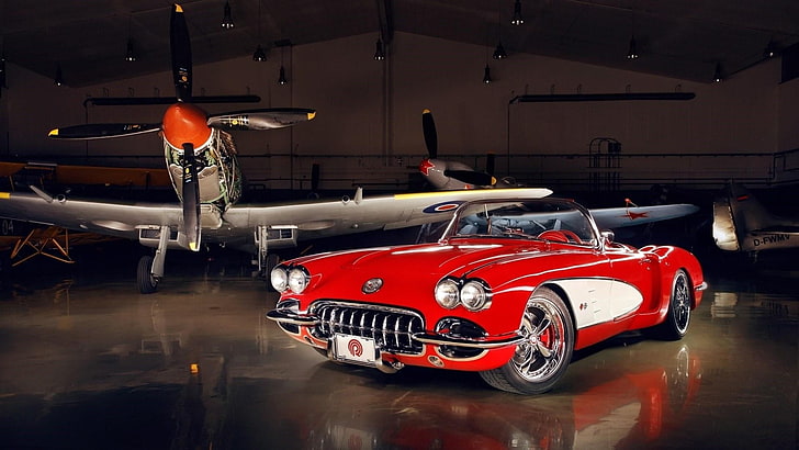 red car, chevrolet corvette, vintage car, classic car, airplane