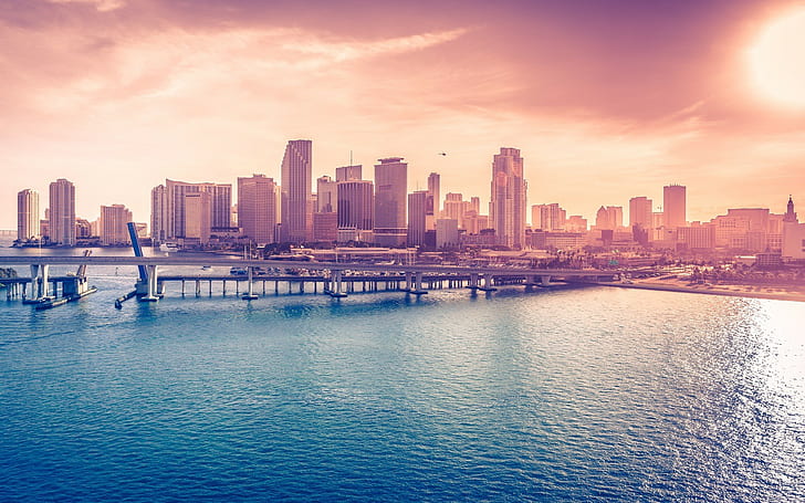 Miami, city, cityscape, filter, sea, bridge