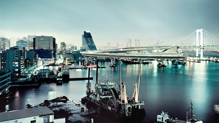 city, ports, Tokyo, bridge, ship, vessel, cityscape, HD wallpaper