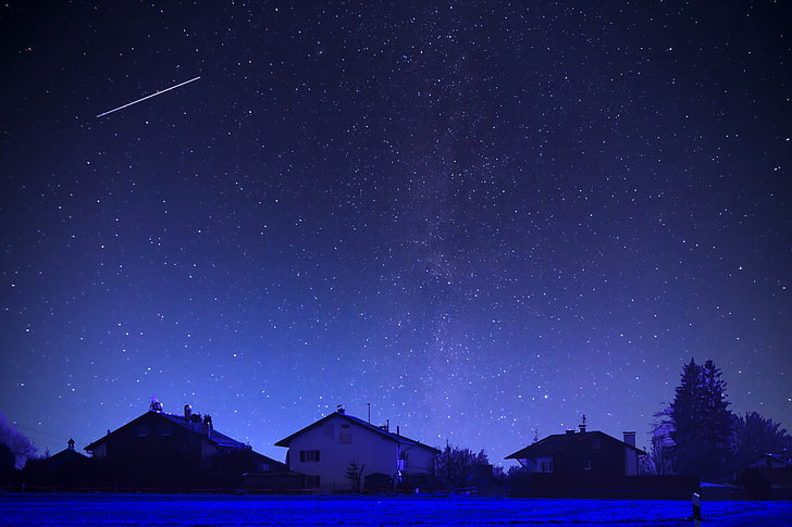 house under starry sky with shooting star, photography, landscape, HD wallpaper