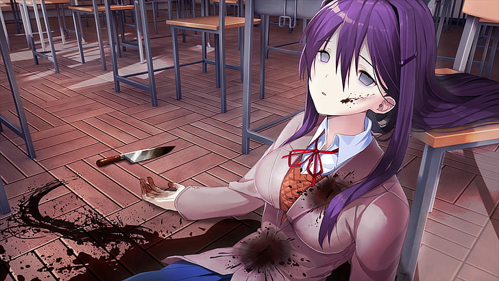 Yuri (Doki Doki Literature Club), suicide, knife, blood, long hair, HD wallpaper