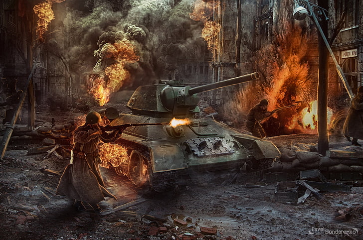fire, war, USSR, tank, Pavel Bondarenko, Stalingrad, Battle of Stalingrad