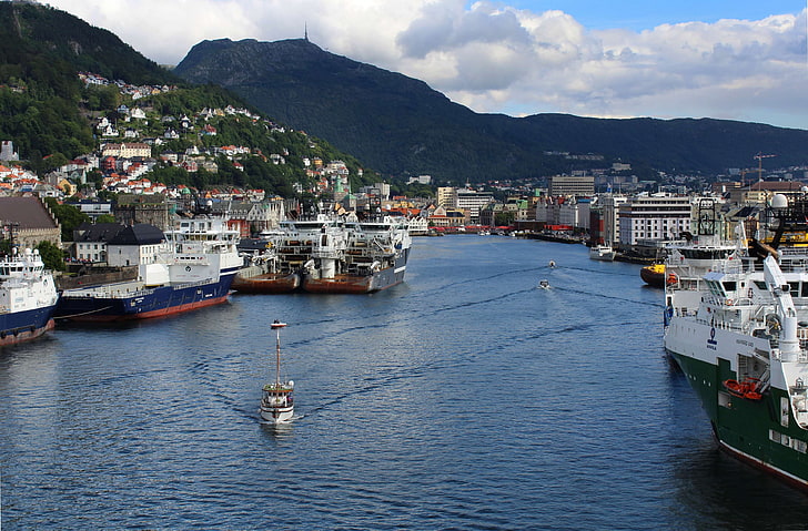 bay, bergen, entry, fjord, industrial, norway, port, seven mountains