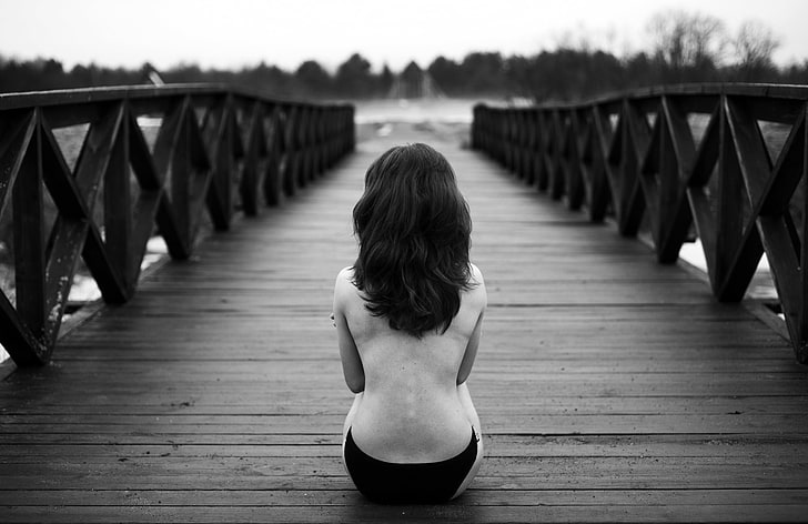 topless woman sitting on gray wooden footbridge, GIRL, HAIR, HORIZON, HD wallpaper