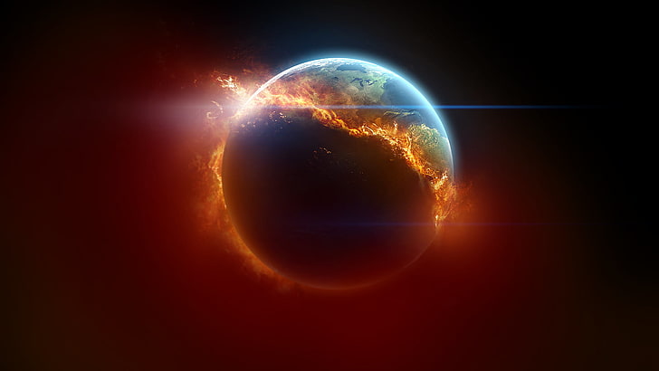 blue and red planet, fire, space art, gradient, Earth, burning