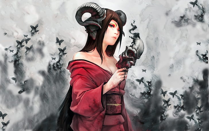 women dress succubus demons horns fantasy art masks artwork anime demon girl devil girl soft shading Abstract Fantasy HD Art, HD wallpaper