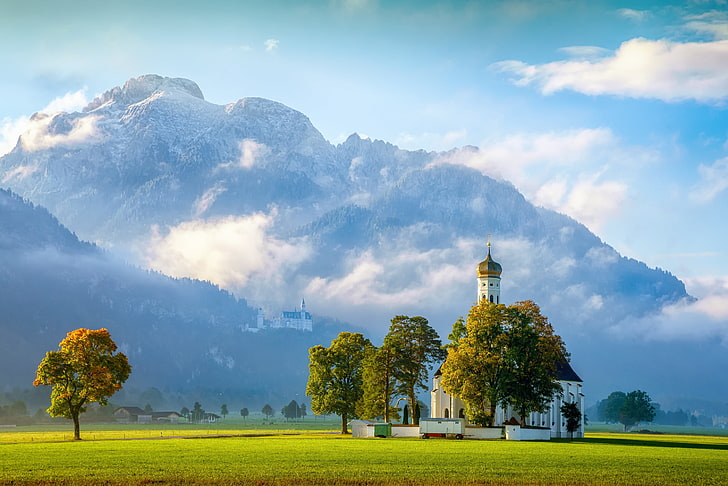 trees, mountains, castle, Germany, Bayern, Alps, Church, Bavaria