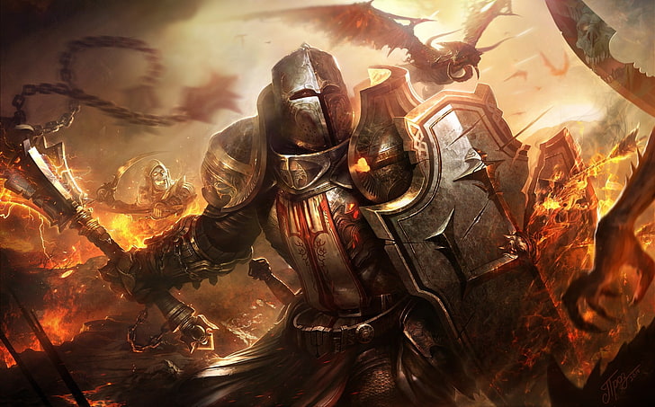 person wearing armor illustration, fantasy art, Diablo III, crusaders, HD wallpaper