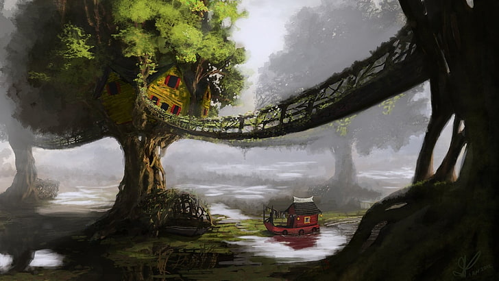 hanging bridge over red vehicle and green field painting, fantasy art