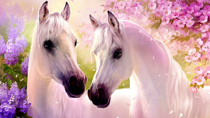 HD wallpaper: horses, white horse, spring, flower, artwork, mammal, mane |  Wallpaper Flare