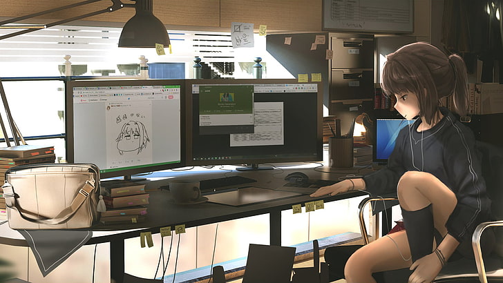 girl anime character sitting on chair infront of the table with computer monitors