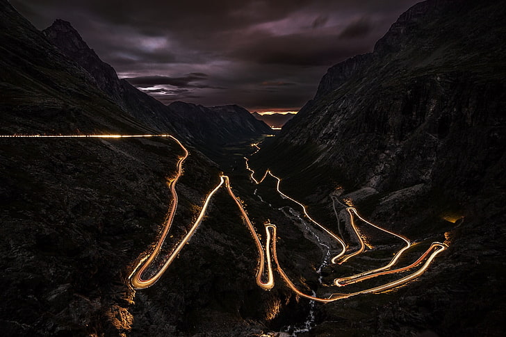 concrete road, night, lights, Norway, mountains, landscape, long exposure, HD wallpaper