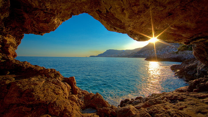 brown cave, sea, nature, sun rays, water, scenics - nature, tranquil scene