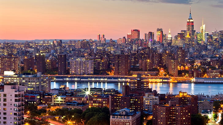 New York City, Manhattan, evening, sunset, skyscrapers, lights, HD wallpaper
