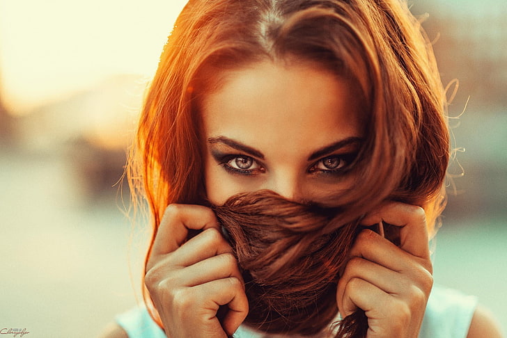 women's black eyeshadow, Alla Berger, redhead, long hair, covering face, HD wallpaper
