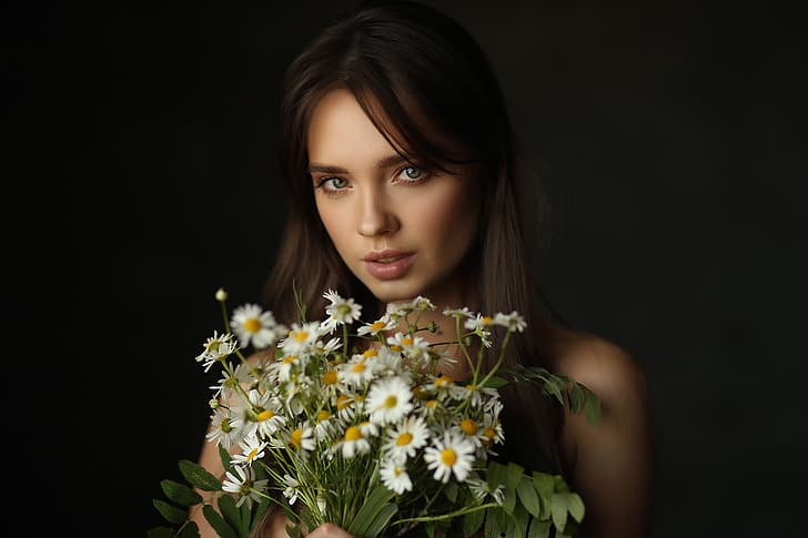 Dmitry Arhar, women, brunette, looking at viewer, makeup, flowers
