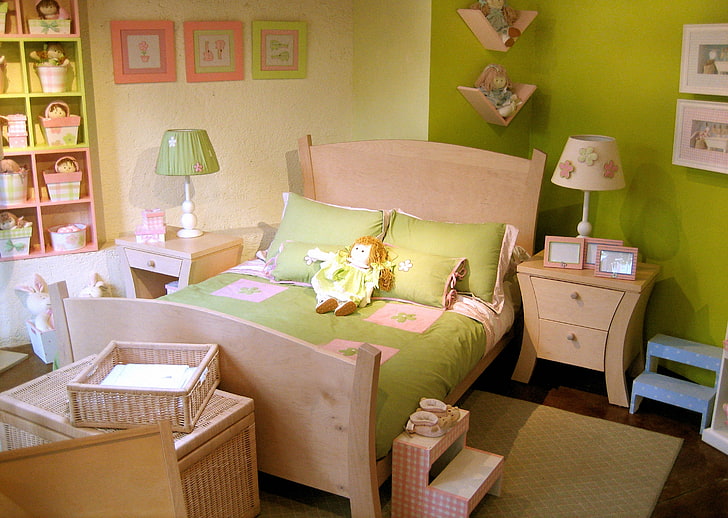 bedroom area and furniture set, children, dolls, interior, tables, HD wallpaper