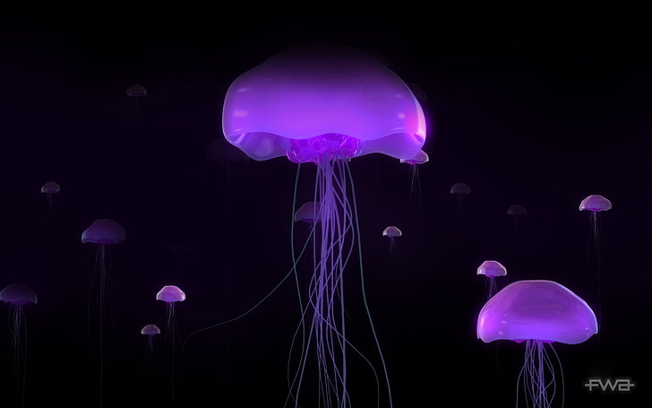 purple jellyfish, glow, black background, studio shot, illuminated