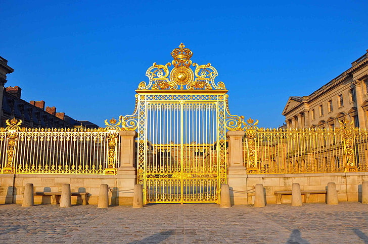 building, chateau, fence, france, french, palace, versailles, HD wallpaper