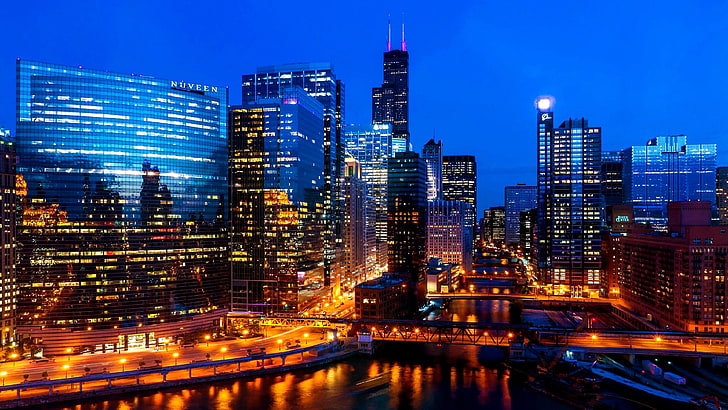 willis tower, chicago, chicago river, united states, dusk, city lights