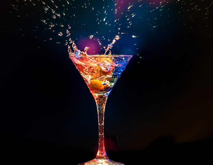 wine glass illustration, drink, glow, black background, spray, HD wallpaper