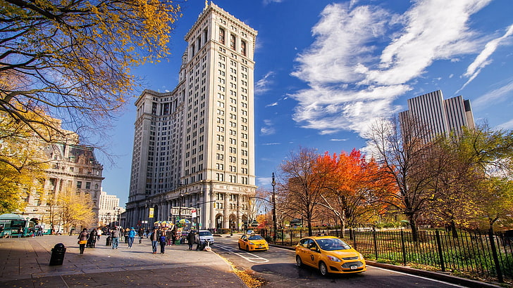 cityscape, building, traffic, taxi, New York City, fall, building exterior