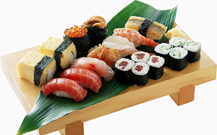 sushi and salmon, rolls, fish, meat, rice, nori, seafood, maki Sushi