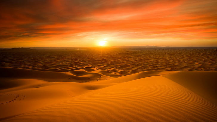 Merzouga Morocco Sahara, sun, sand, horizon, desert, sunset, nature, HD wallpaper