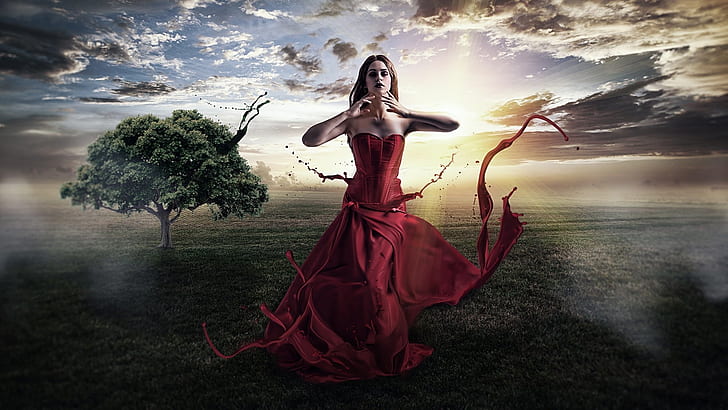 Fantasy girl, red dress, creative pictures, trees, sun, HD wallpaper