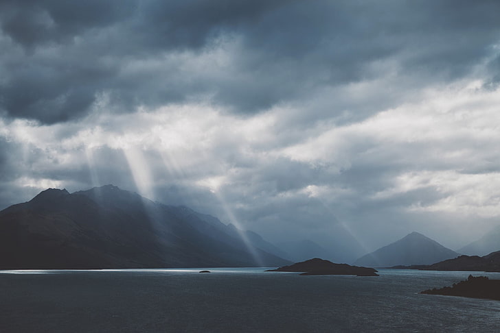 body of water, nature, clouds, mountains, landscape, sea, sun rays
