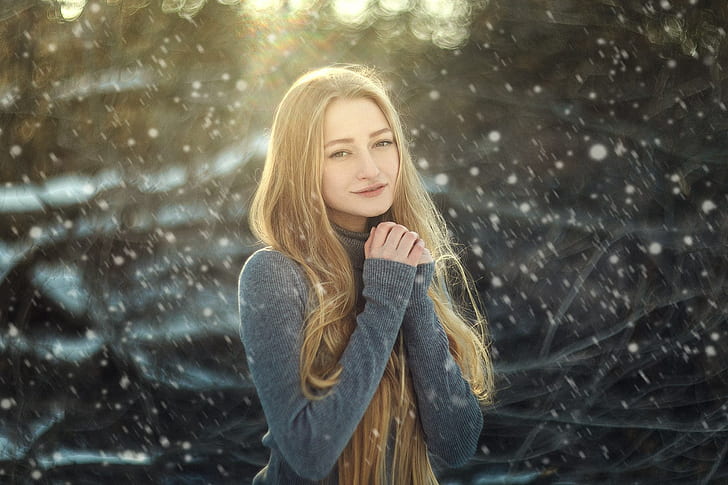 blonde, snow, winter, cold, women, women outdoors, Evgenia Kari