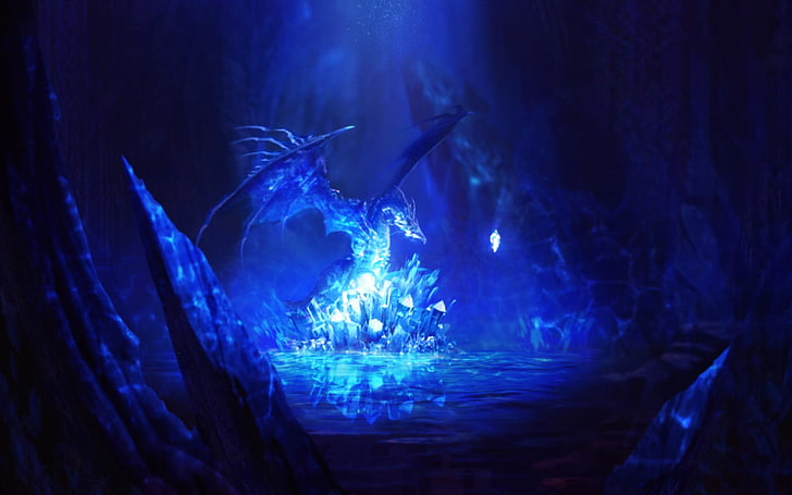 dragon illustration, Aion, blue, video games, night, illuminated, HD wallpaper