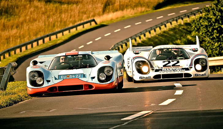 blue and white sports cars, road, Porsche, 917, Martini, gulf, HD wallpaper